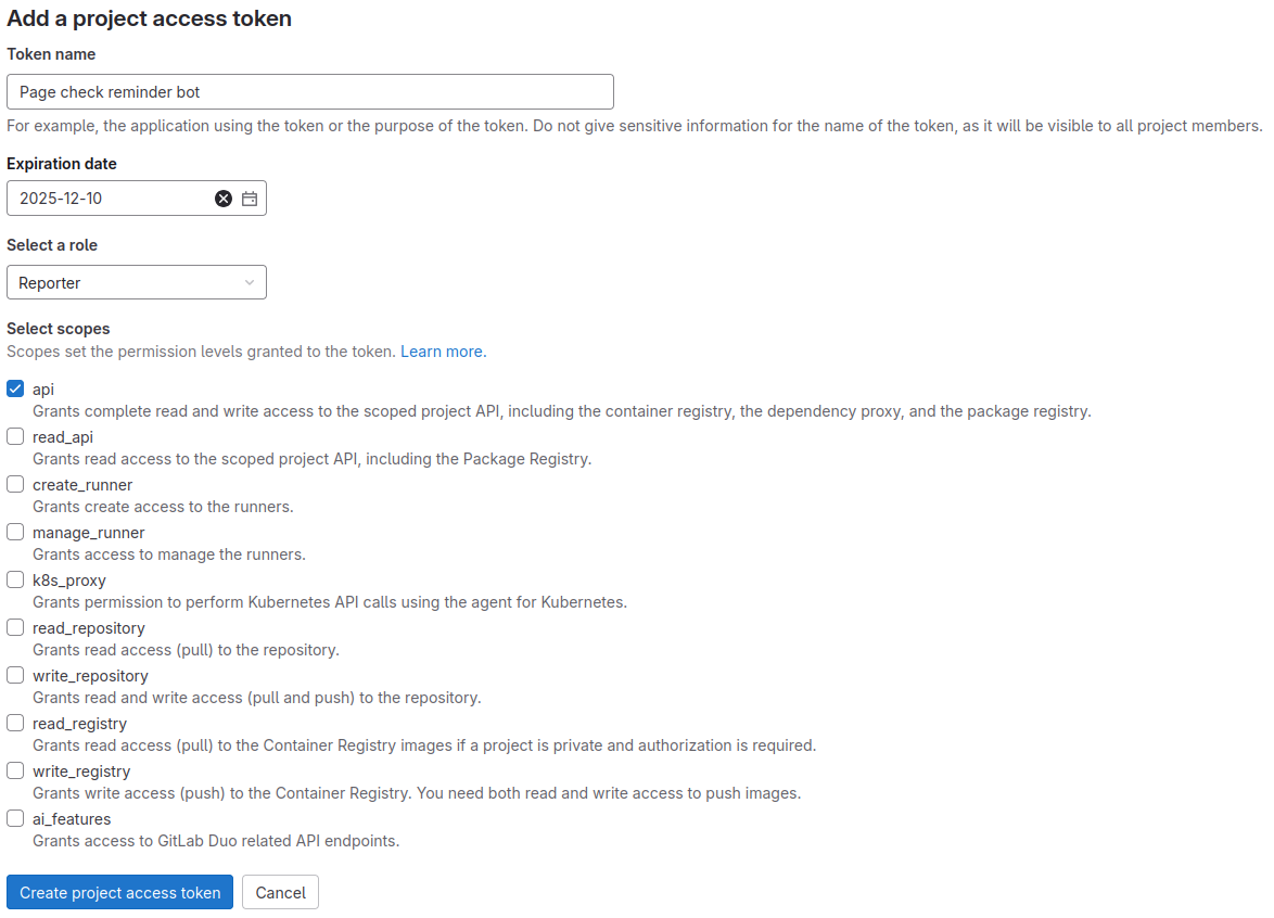 Token settings example in GitLab